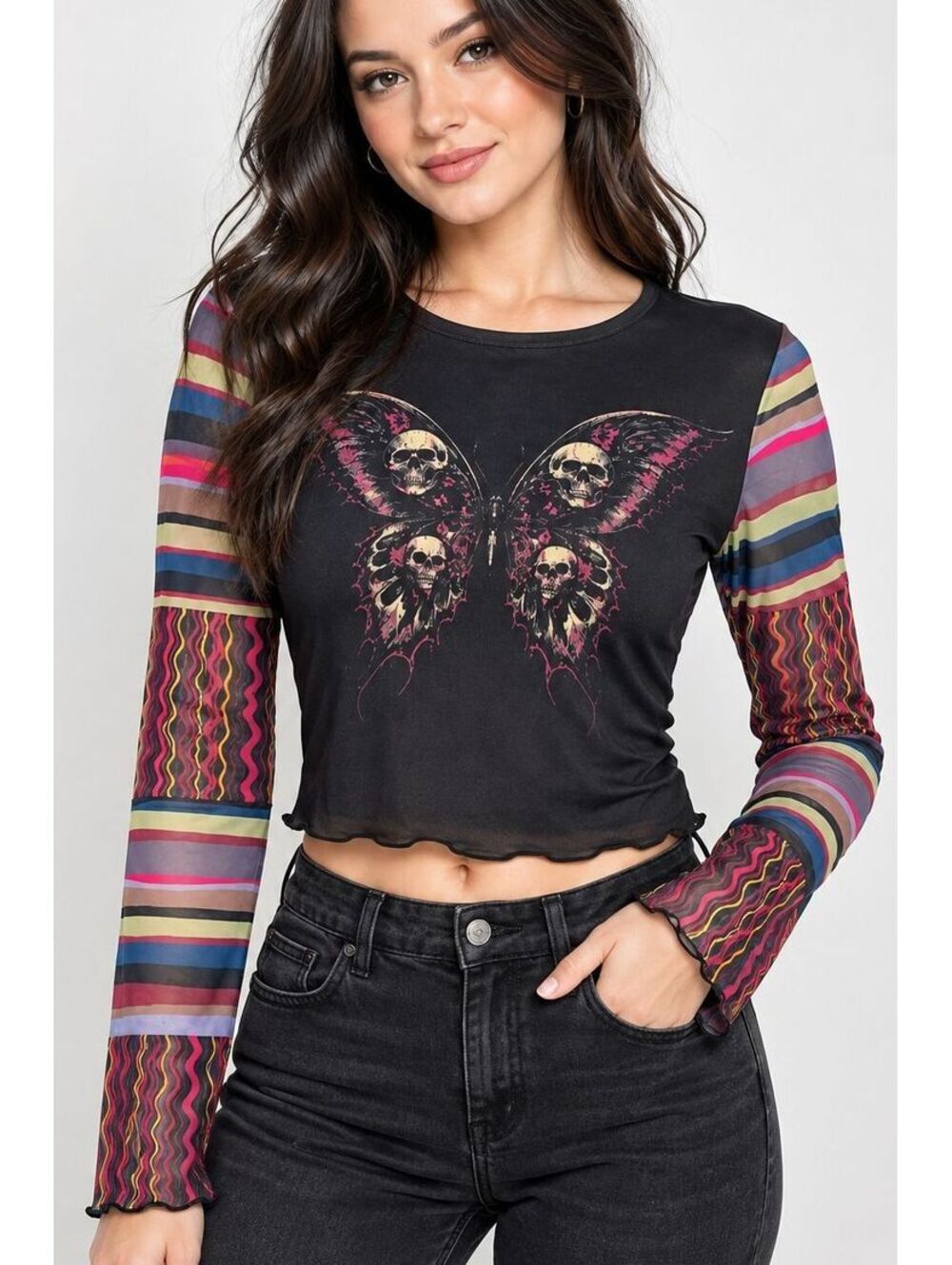 Social Collision Skull Butterfly Mesh Crop Top M Goth Grunge Y2K Emo Punk
